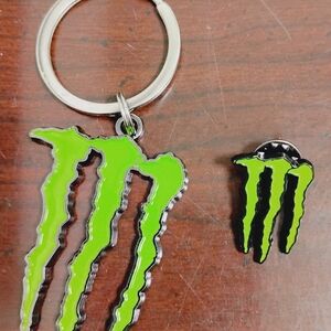 Monster Energy Green Logo Keychain and Pin Set